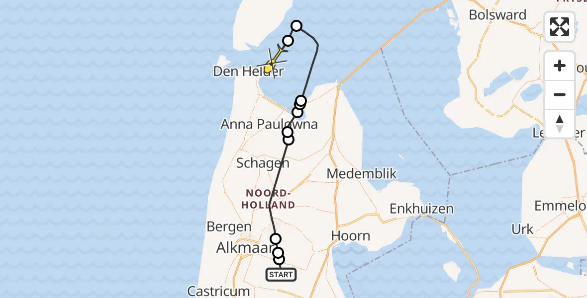 Routekaart van de vlucht: Politieheli naar Den Helder