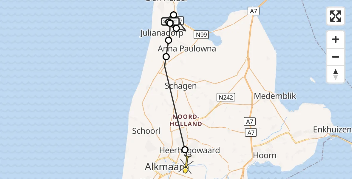 Routekaart van de vlucht: Politiehelikopter naar Heerhugowaard