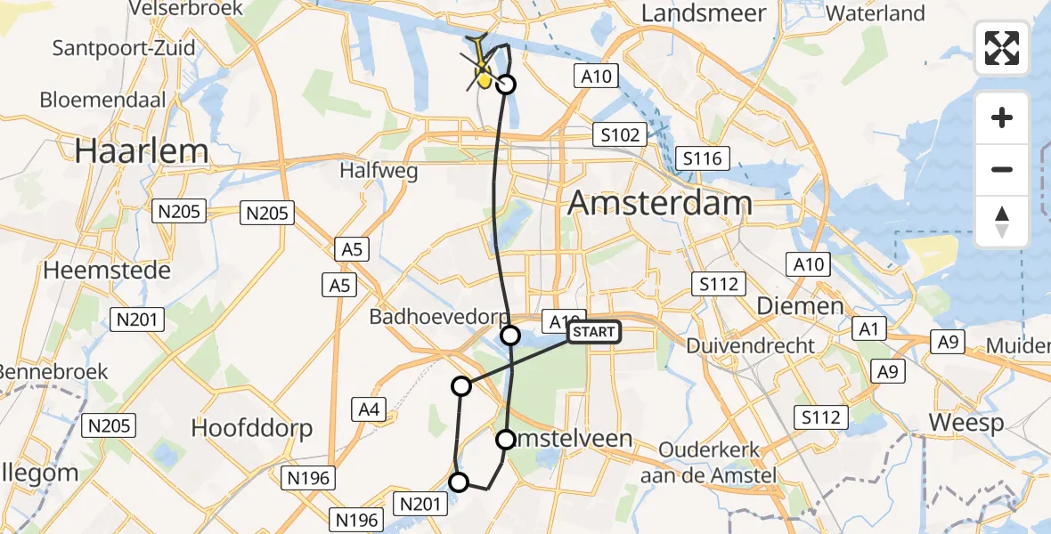 Routekaart van de vlucht: Lifeliner 1 naar Amsterdam Heliport
