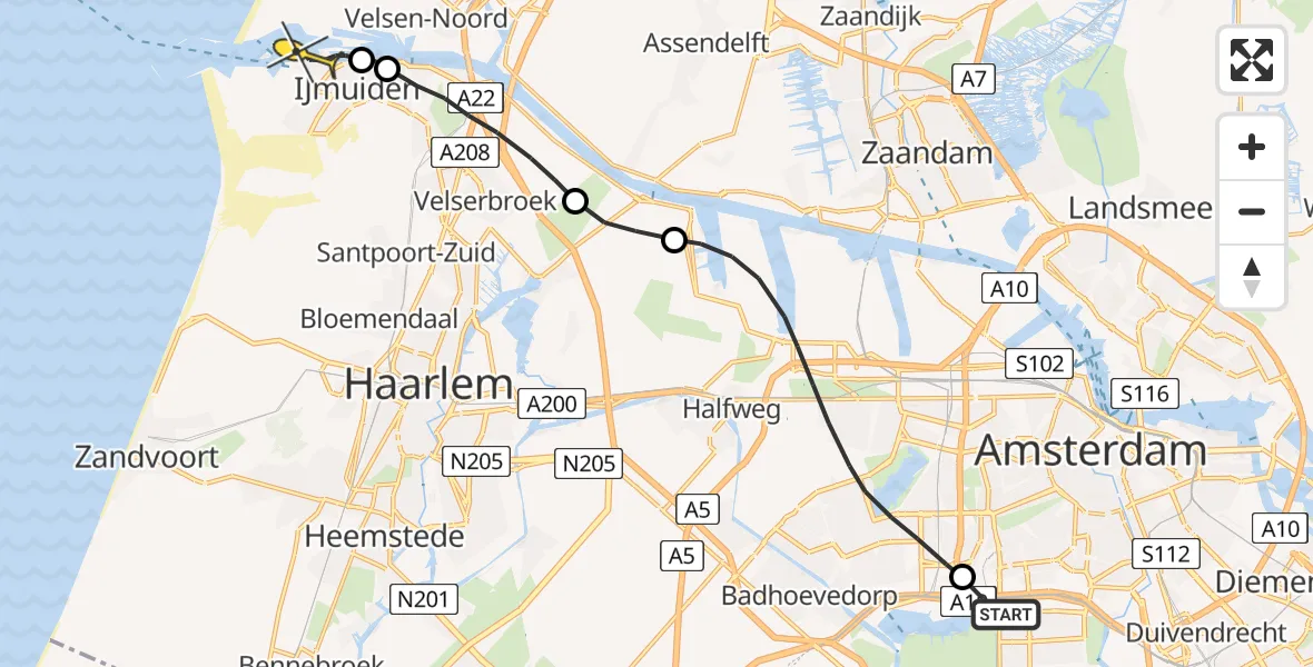 Routekaart van de vlucht: Lifeliner 1 naar IJmuiden Heliport