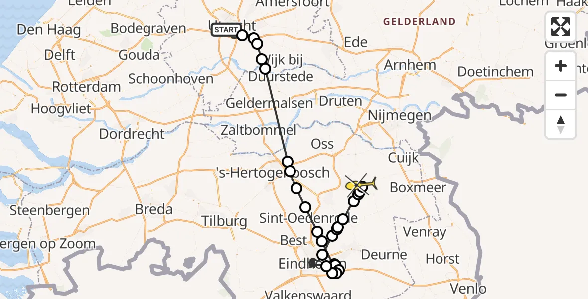 Routekaart van de vlucht: Politieheli naar Vliegbasis Volkel