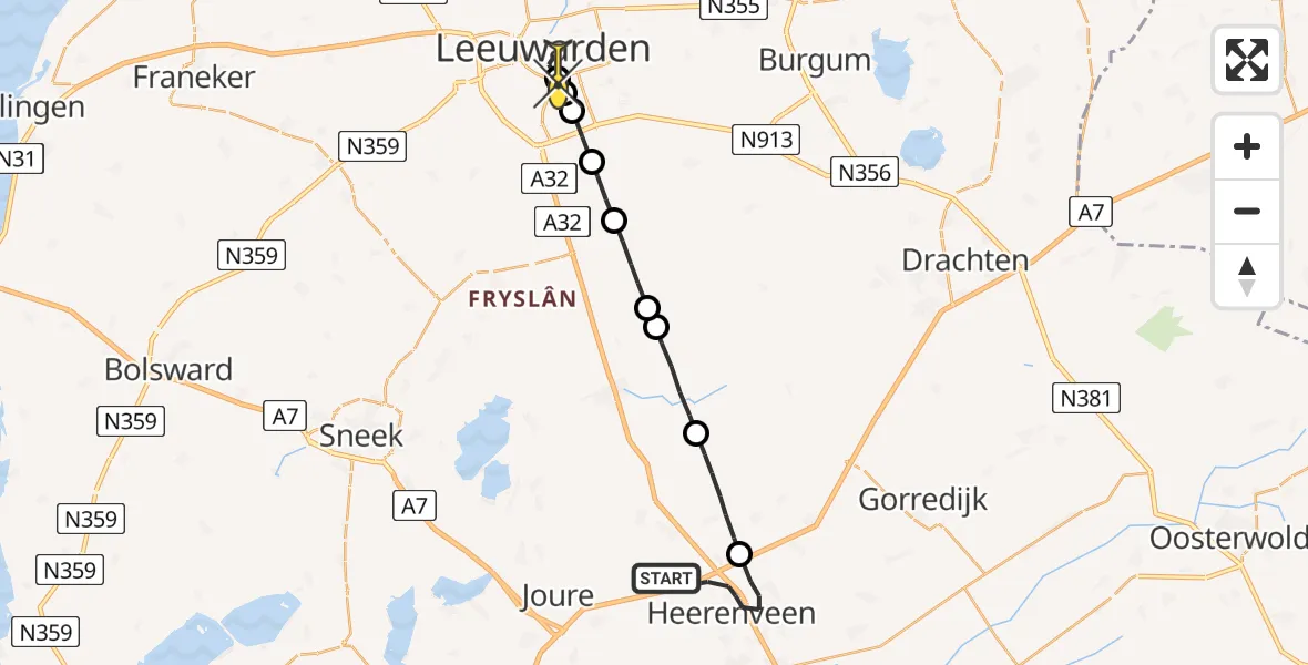 Routekaart van de vlucht: Lifeliner 4 naar Leeuwarden