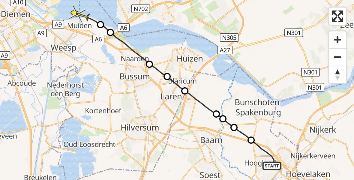 Routekaart van de vlucht: Lifeliner 1 naar Muiden