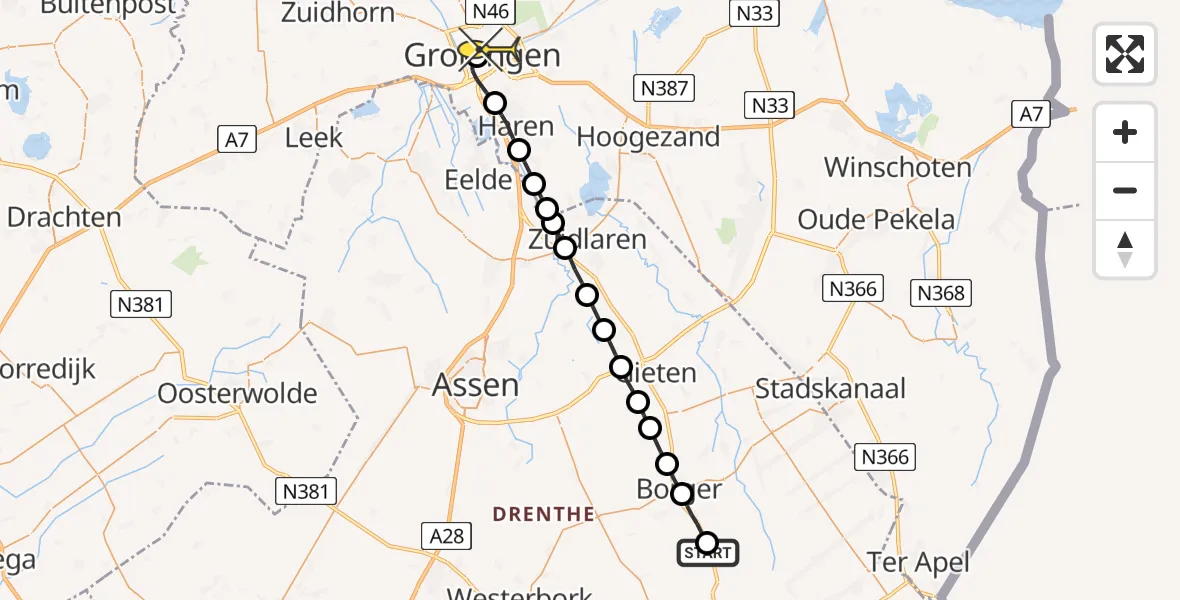 Routekaart van de vlucht: Lifeliner 4 naar Universitair Medisch Centrum Groningen