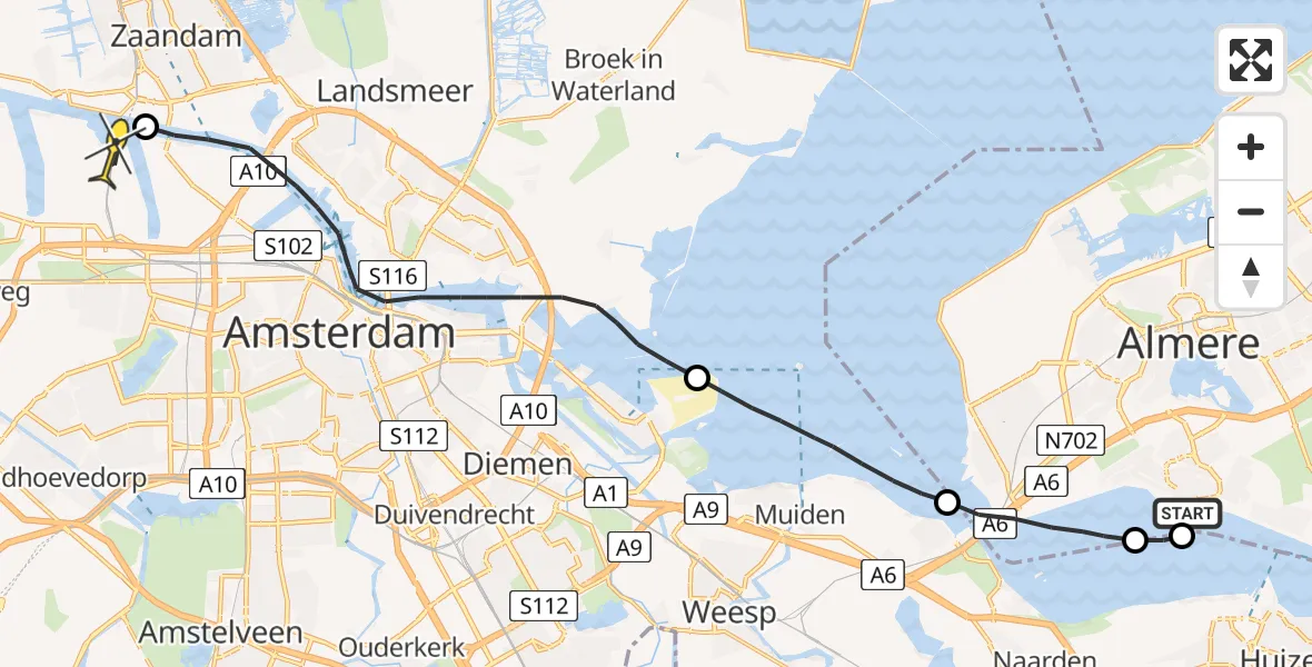 Routekaart van de vlucht: Lifeliner 1 naar Amsterdam Heliport