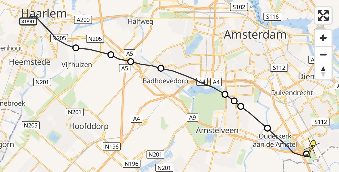 Routekaart van de vlucht: Lifeliner 1 naar Academisch Medisch Centrum (AMC)