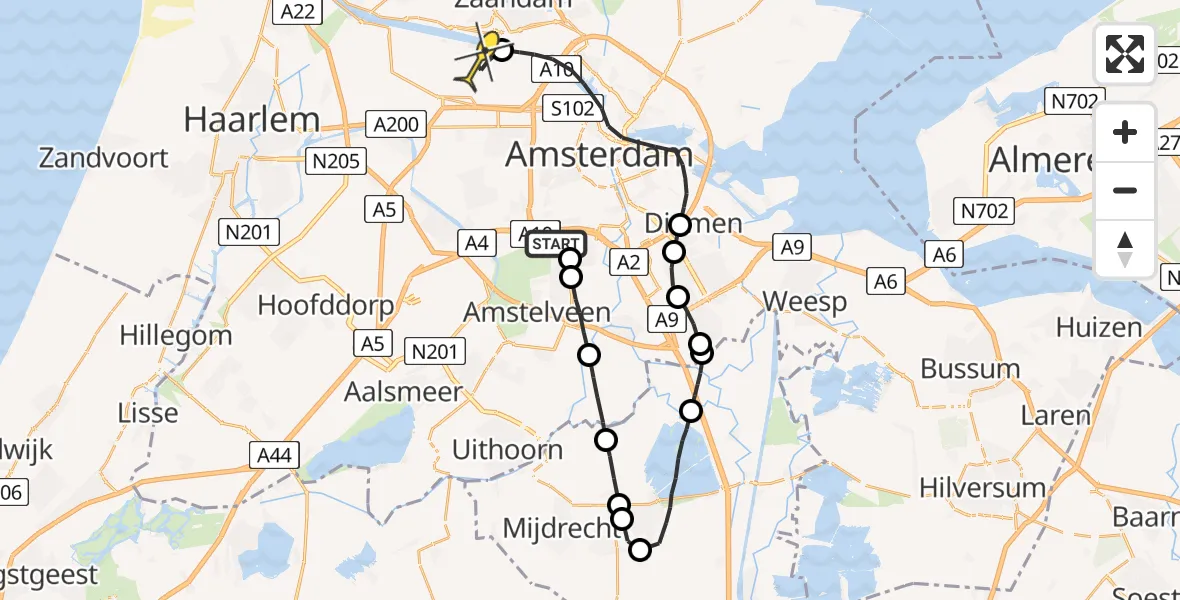 Routekaart van de vlucht: Lifeliner 1 naar Amsterdam Heliport