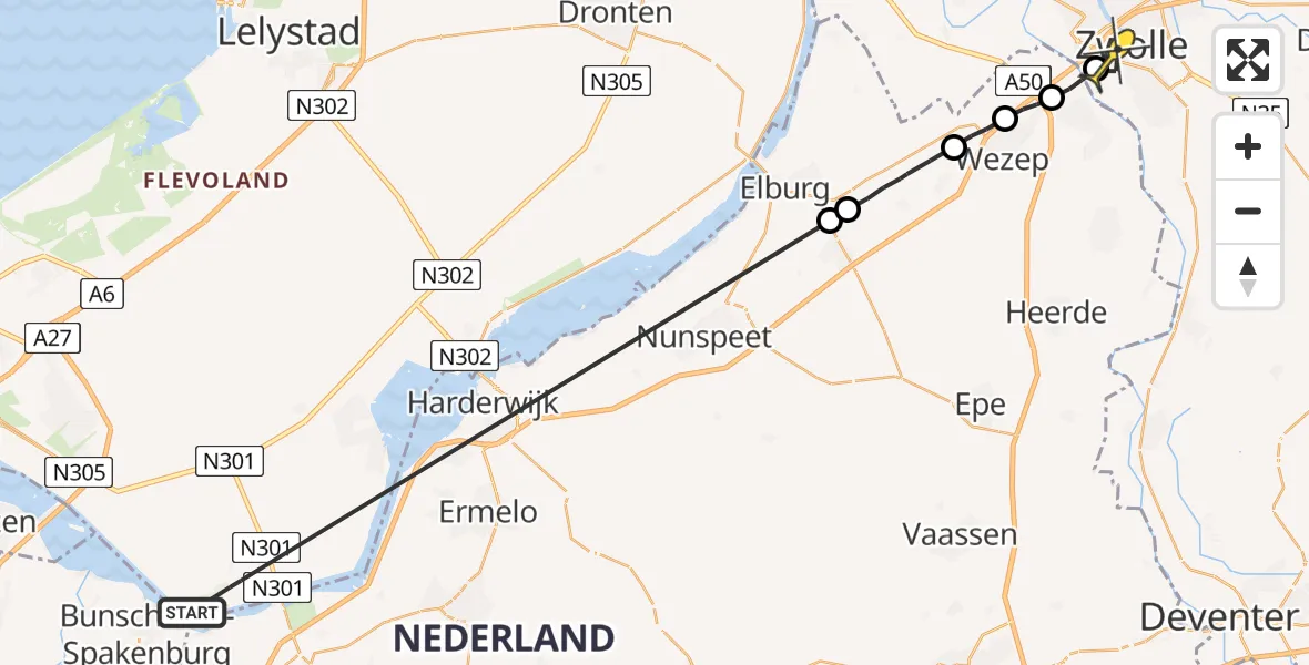 Vluchtroute Politiehelikopter van Zeewolde naar Zwolle