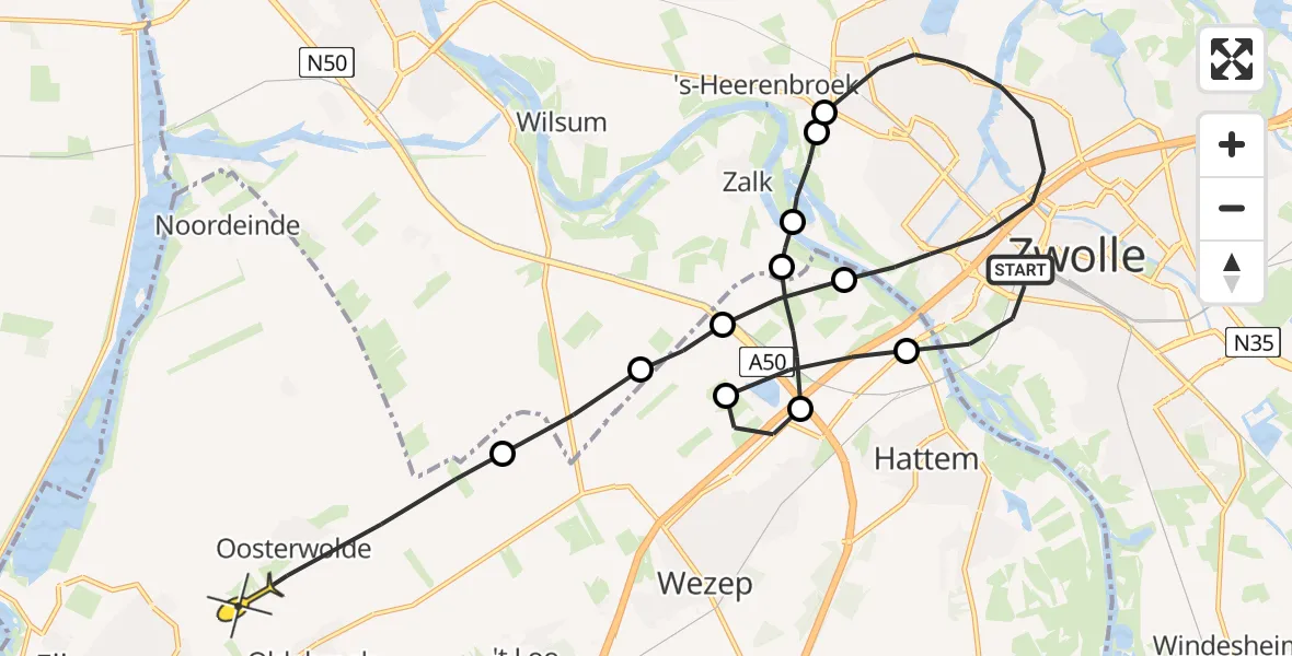 Routekaart van de vlucht: Politieheli naar Oosterwolde Gld