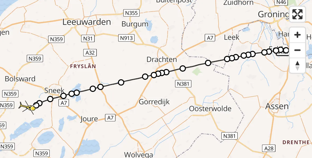 Routekaart van de vlucht: Lifeliner 4 naar Oudega