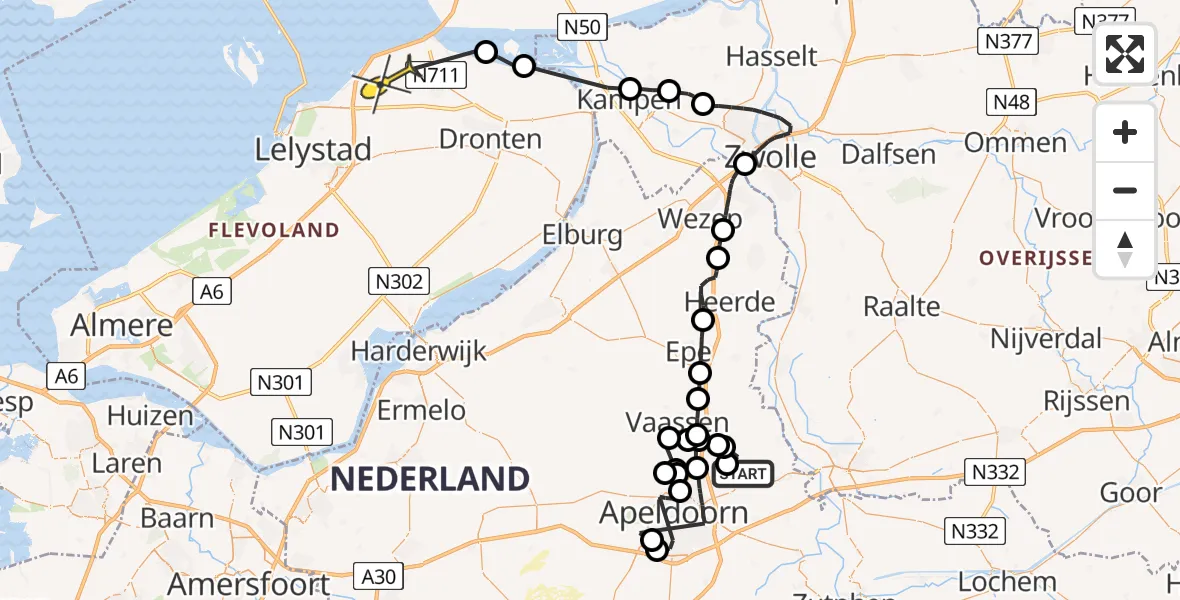 Routekaart van de vlucht: Politieheli naar Lelystad