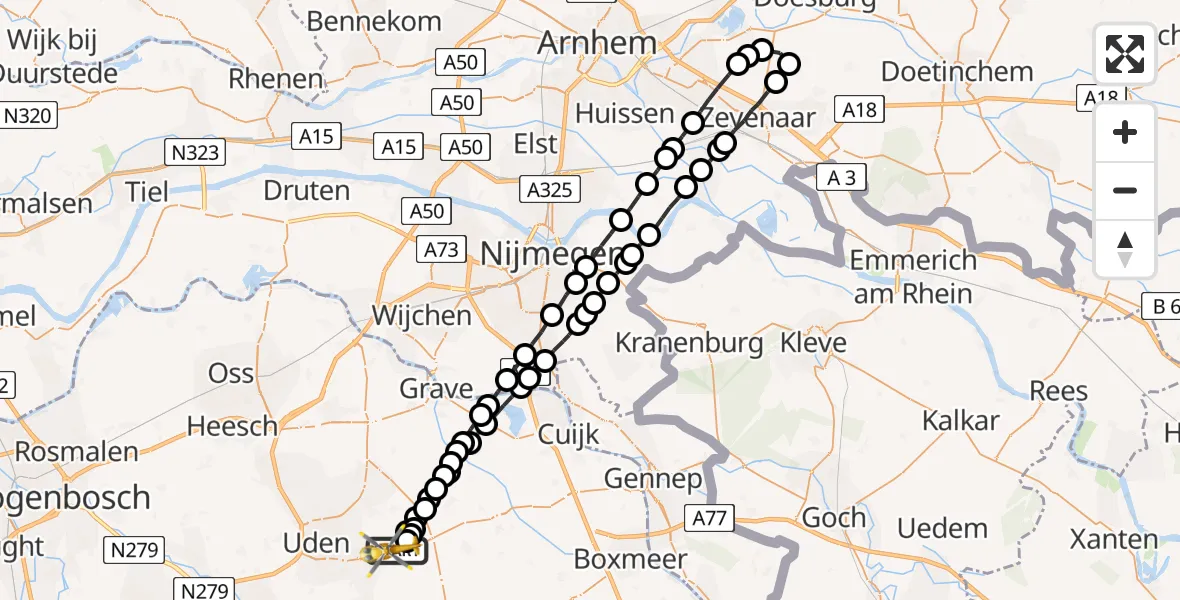 Vluchtroute Traumahelikopter Vliegbasis Volkel - Vliegbasis Volkel, 02 april 2023, 20:51