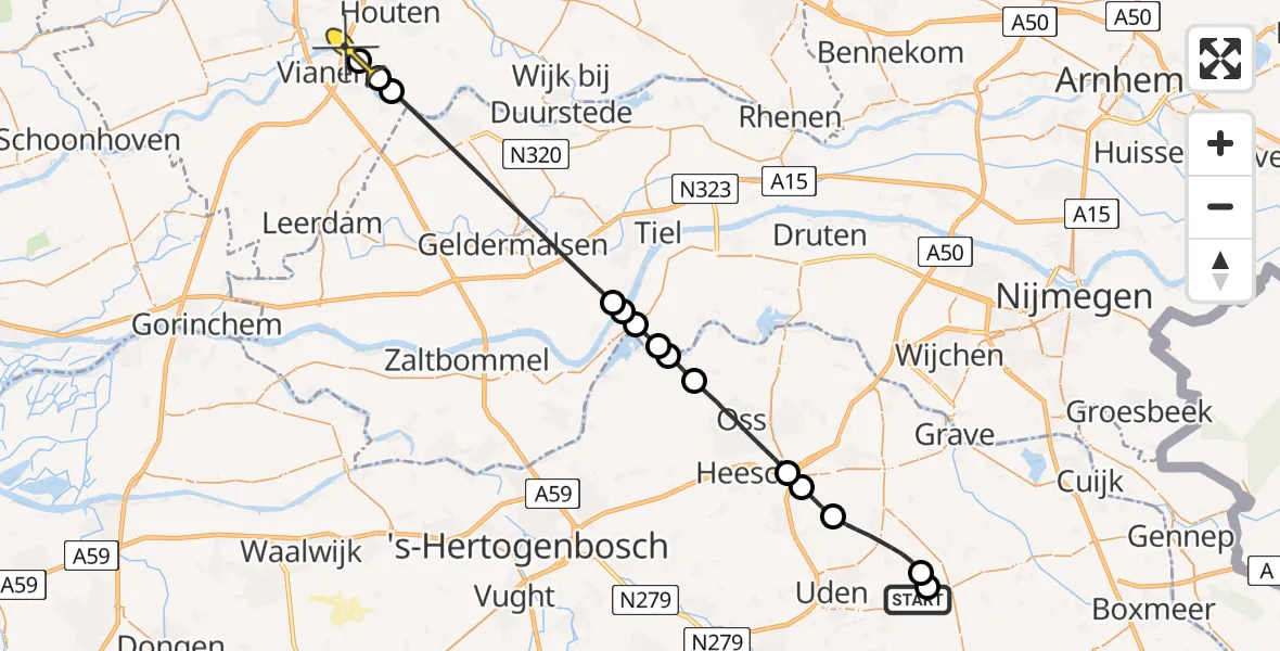 Routekaart van de vlucht: Politieheli naar Tull en 't Waal