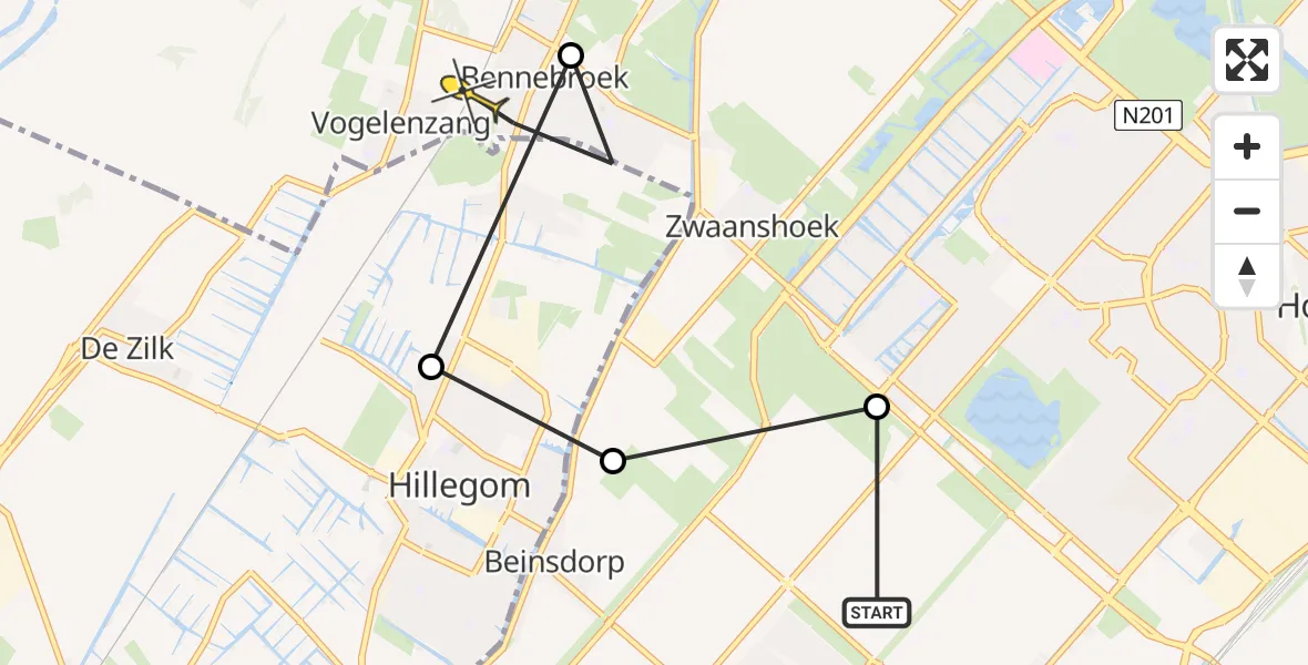 Routekaart van de vlucht: Politieheli naar Vogelenzang