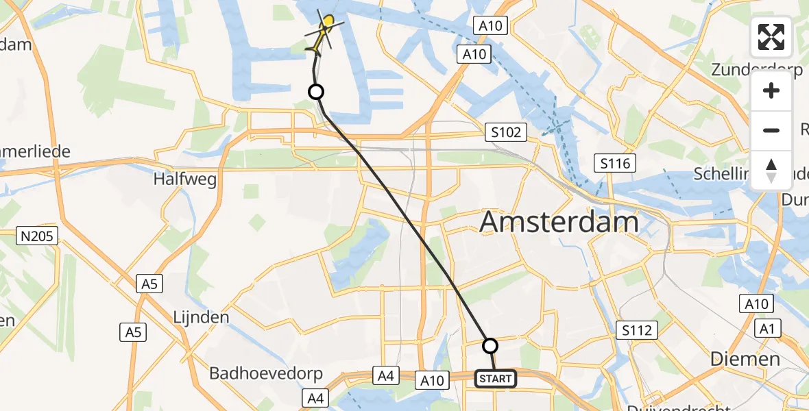 Routekaart van de vlucht: Lifeliner 1 naar Amsterdam Heliport