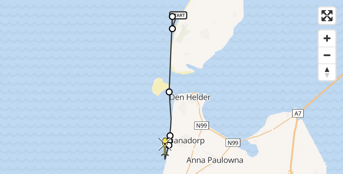 Routekaart van de vlucht: Politiehelikopter naar Callantsoog