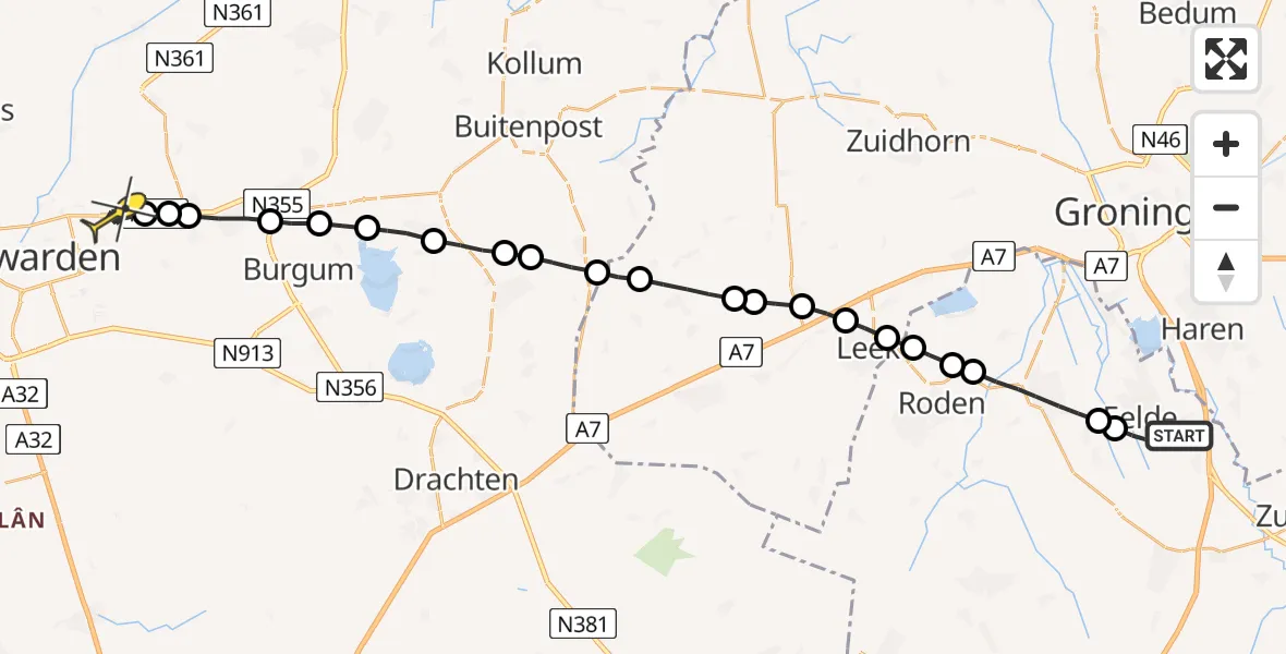 Routekaart van de vlucht: Lifeliner 4 naar Leeuwarden