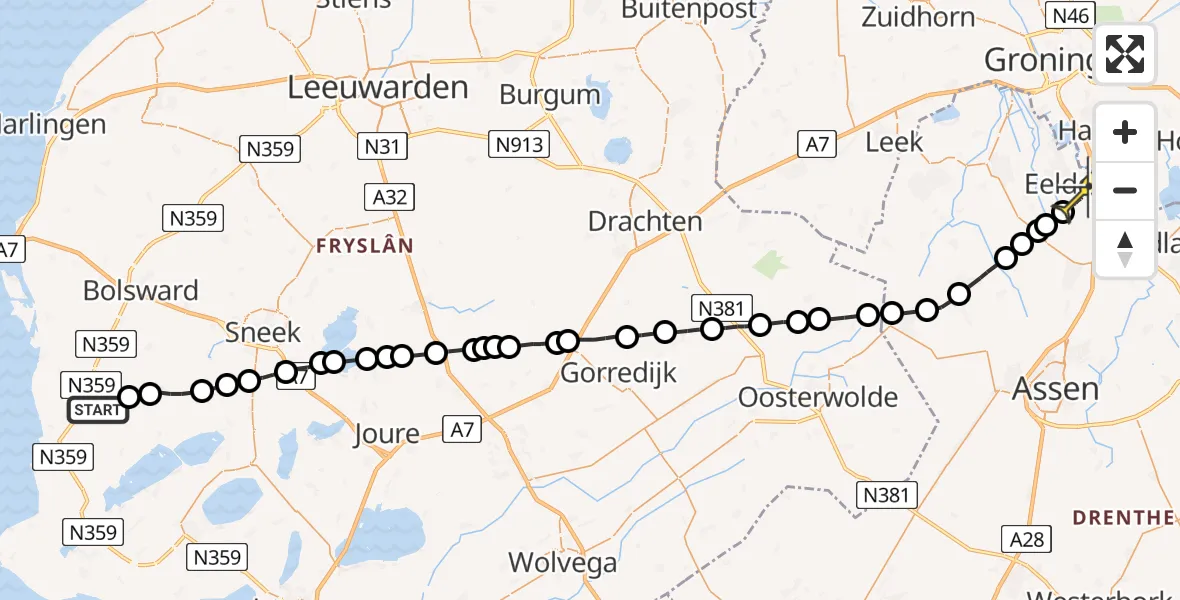 Routekaart van de vlucht: Lifeliner 4 naar Groningen Airport Eelde