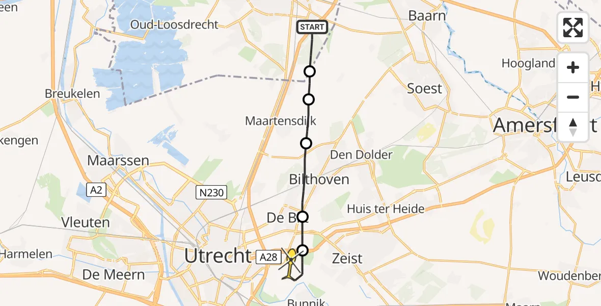 Routekaart van de vlucht: Lifeliner 1 naar Universitair Medisch Centrum Utrecht