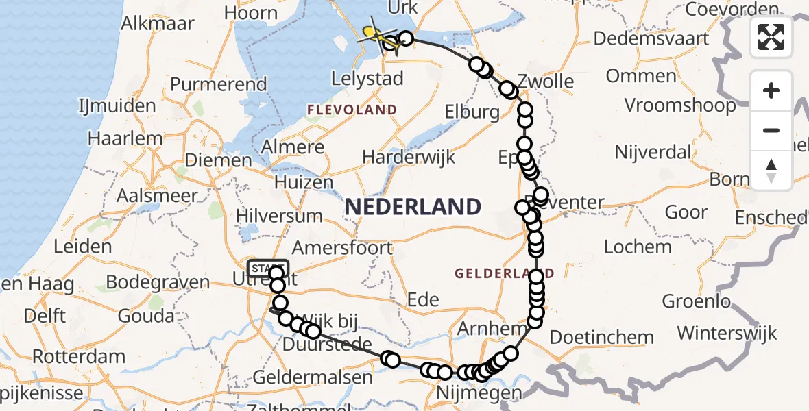 Routekaart van de vlucht: Politieheli naar Lelystad