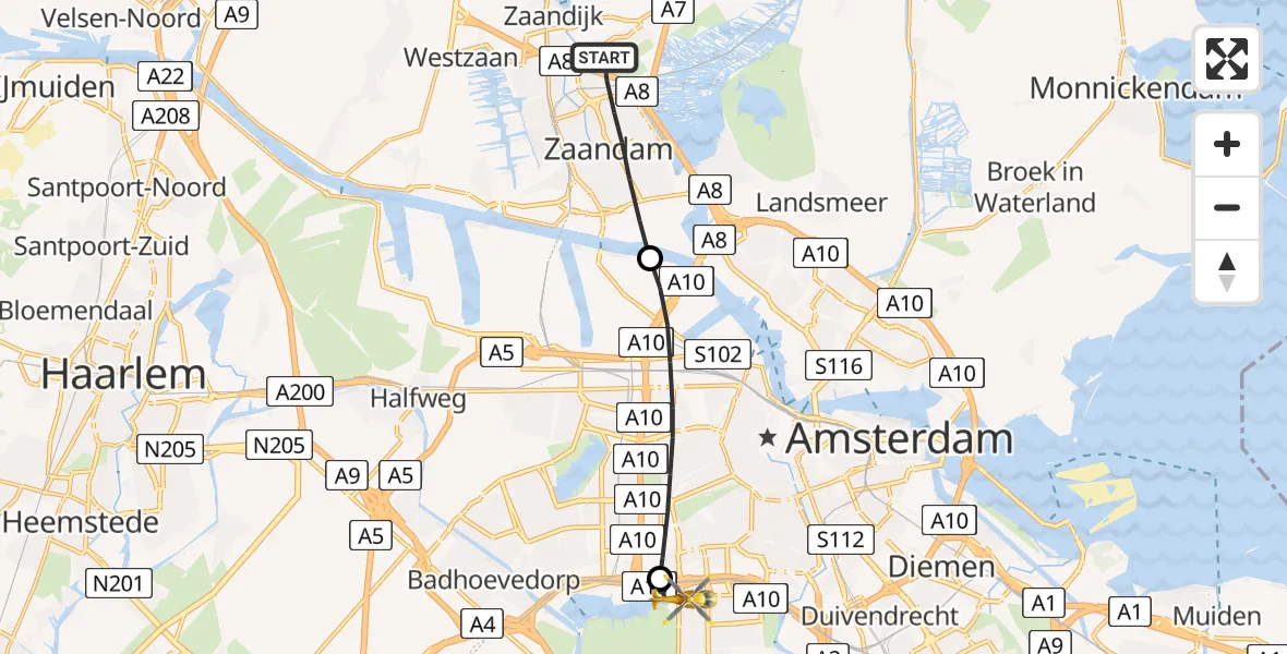 Vluchtroute Traumahelikopter Zaandam - VU Medisch Centrum Amsterdam, 04 april 2023, 17:51