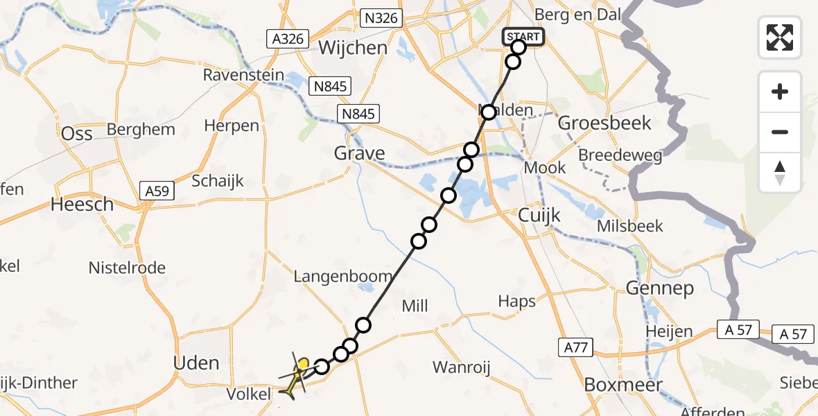 Vluchtroute Traumahelikopter van Radboud Universitair Medisch Centrum naar Vliegbasis Volkel