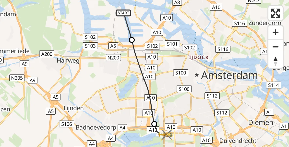 Vluchtroute Traumahelikopter Amsterdam Heliport - VU Medisch Centrum Amsterdam, 04 april 2023, 21:54