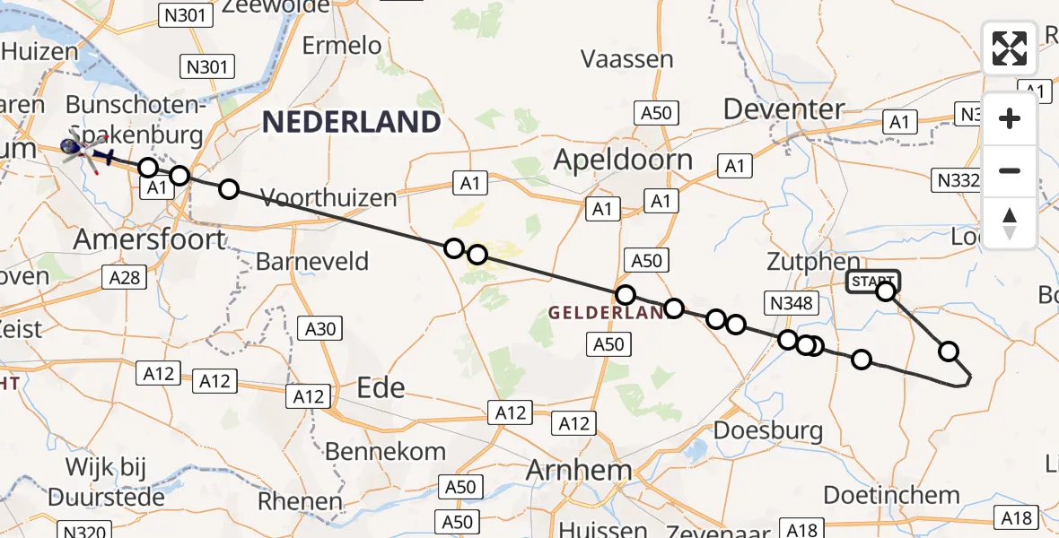 Vluchtroute Politiehelikopter Warnsveld - Baarn, 04 april 2023, 23:58