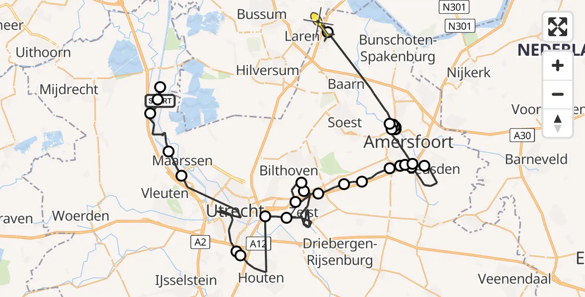 Routekaart van de vlucht: Politieheli naar Eemnes