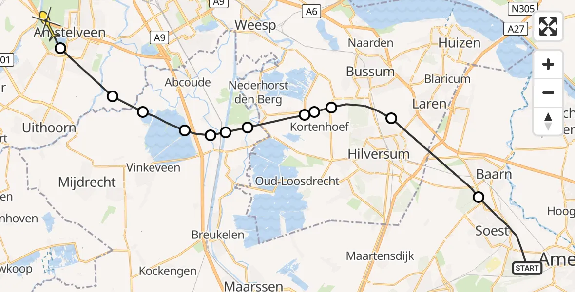 Routekaart van de vlucht: Politieheli onderweg vanuit Soest