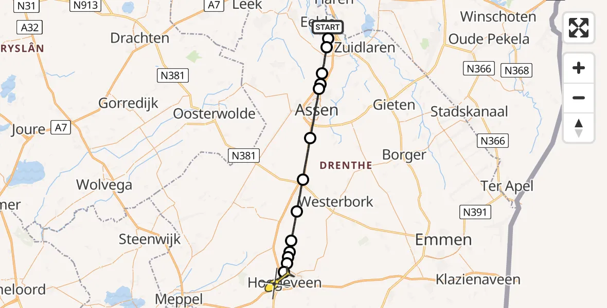 Routekaart van de vlucht: Lifeliner 4 naar Hoogeveen