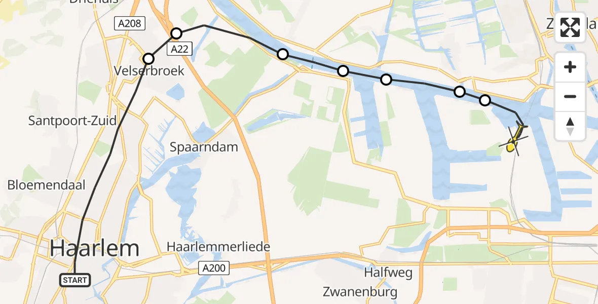 Routekaart van de vlucht: Lifeliner 1 naar Amsterdam Heliport