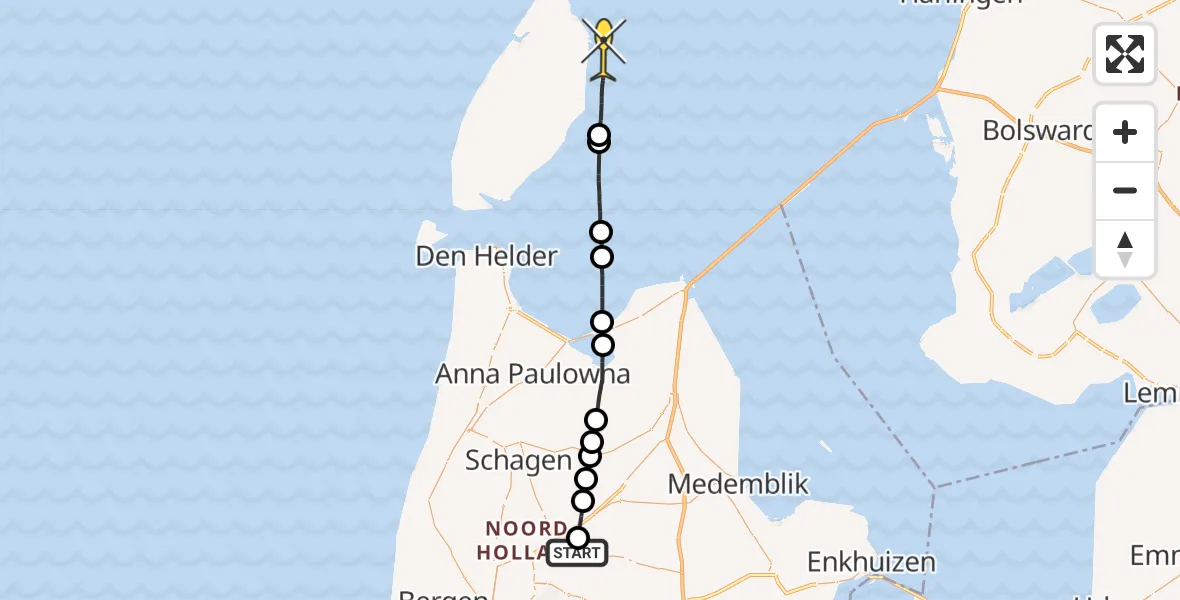 Routekaart van de vlucht: Politiehelikopter naar De Cocksdorp