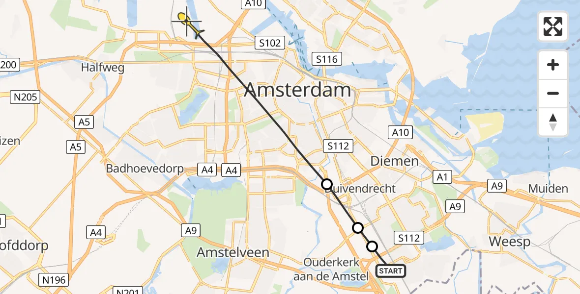 Routekaart van de vlucht: Lifeliner 1 naar Amsterdam Heliport