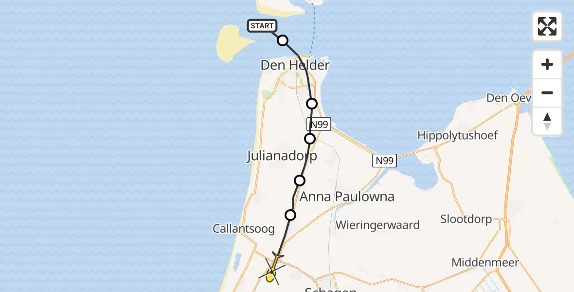 Routekaart van de vlucht: Politiehelikopter naar Schagerbrug