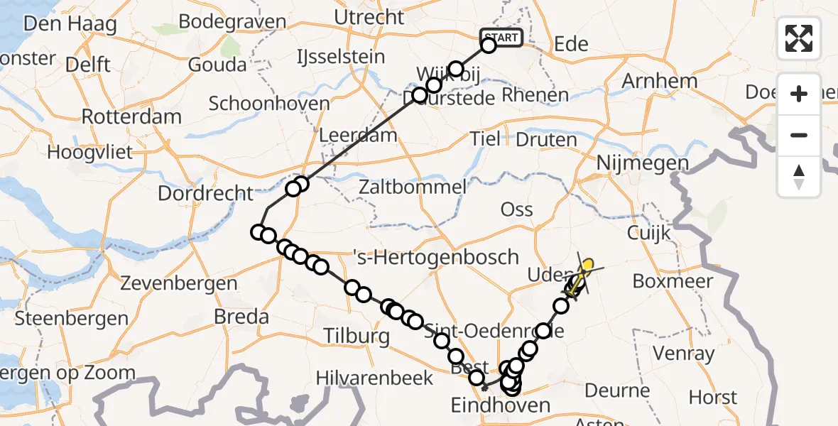 Routekaart van de vlucht: Politieheli naar Vliegbasis Volkel