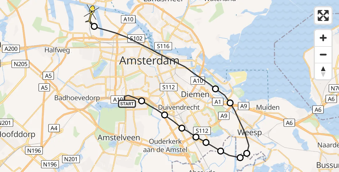 Routekaart van de vlucht: Lifeliner 1 naar Amsterdam Heliport