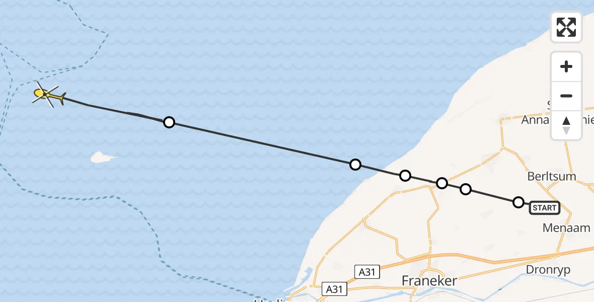 Routekaart van de vlucht: Ambulanceheli naar West-Terschelling