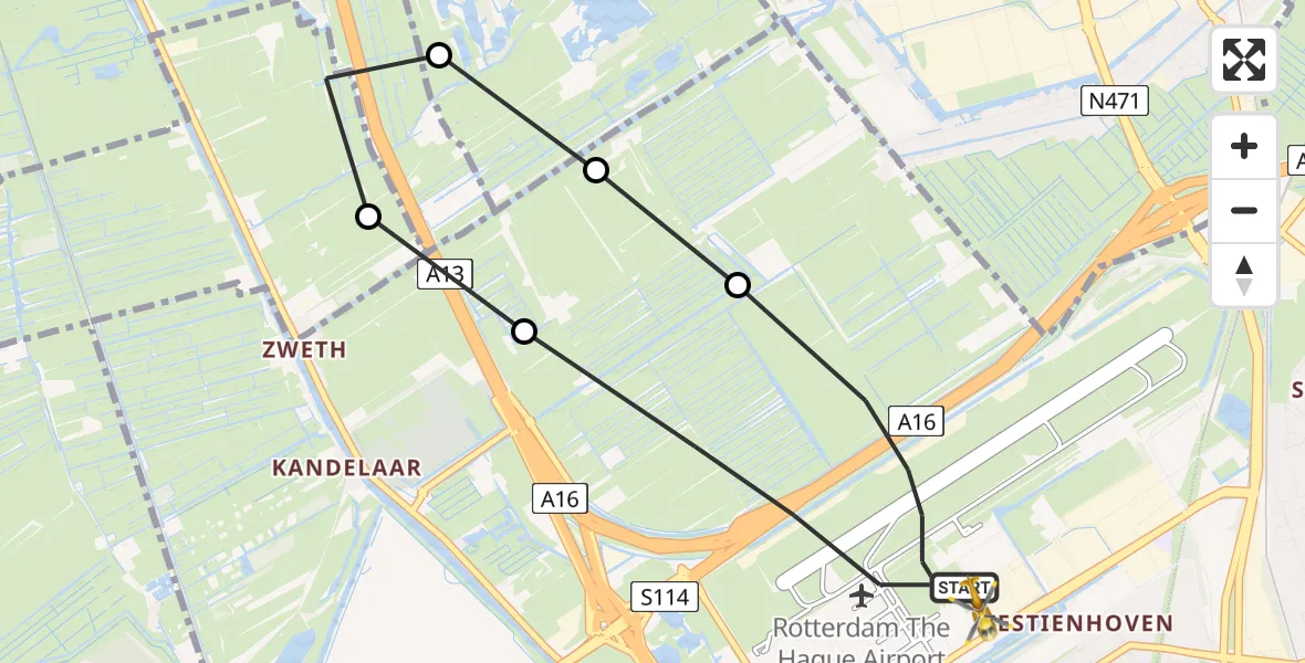 Vluchtroute Traumahelikopter Rotterdam The Hague Airport - Rotterdam The Hague Airport, 06 april 2023, 05:43