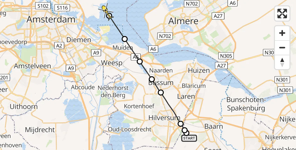 Routekaart van de vlucht: Politieheli naar Amsterdam