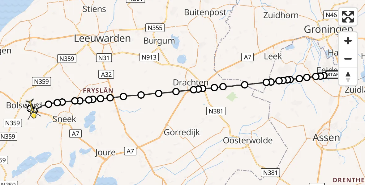 Routekaart van de vlucht: Lifeliner 4 naar Bolsward