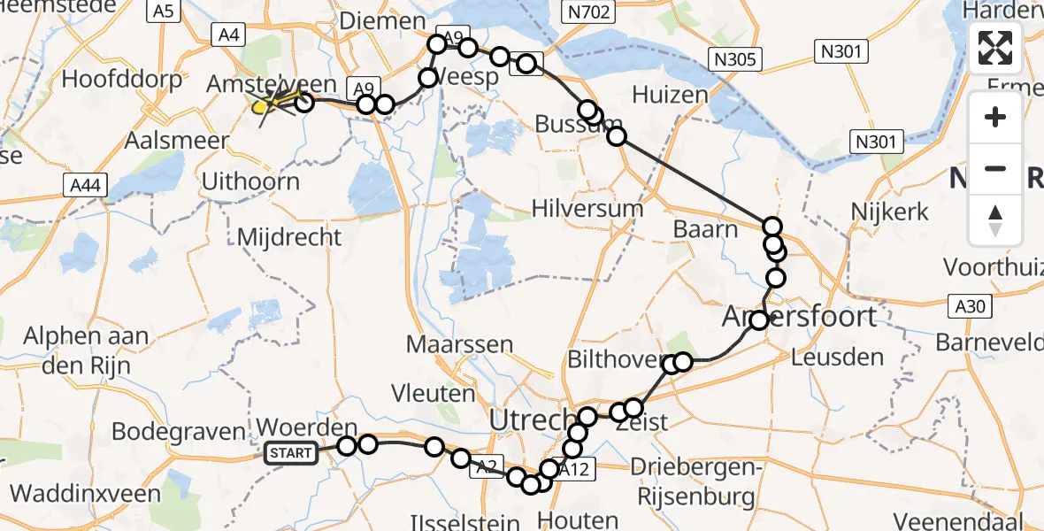 Routekaart van de vlucht: Politieheli naar Amstelveen