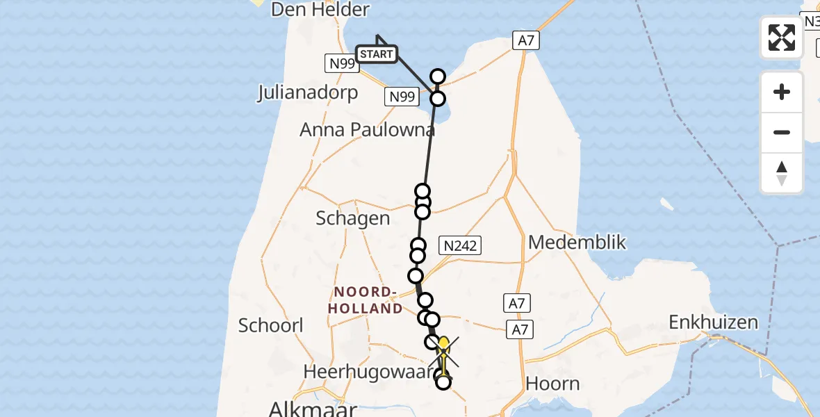 Routekaart van de vlucht: Politieheli naar Obdam