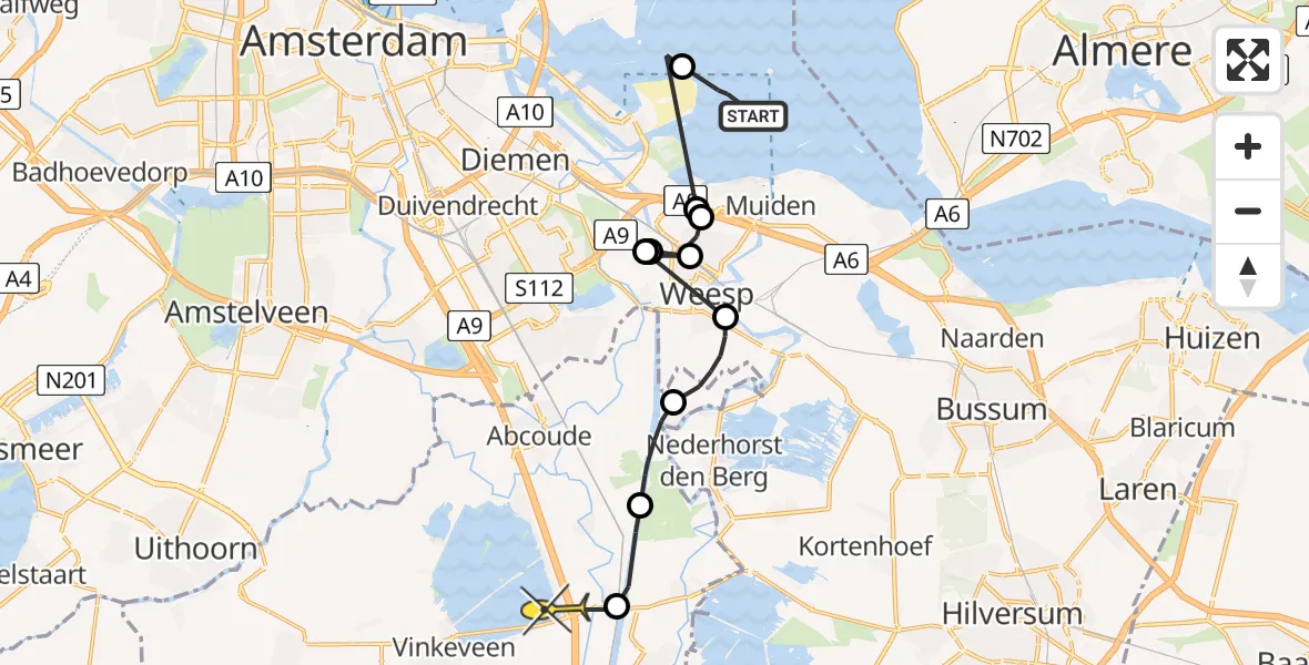 Routekaart van de vlucht: Politieheli naar Vinkeveen
