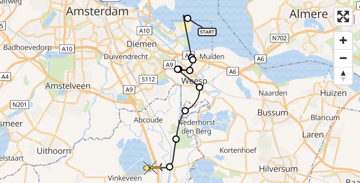 Routekaart van de vlucht: Politiehelikopter naar Vinkeveen