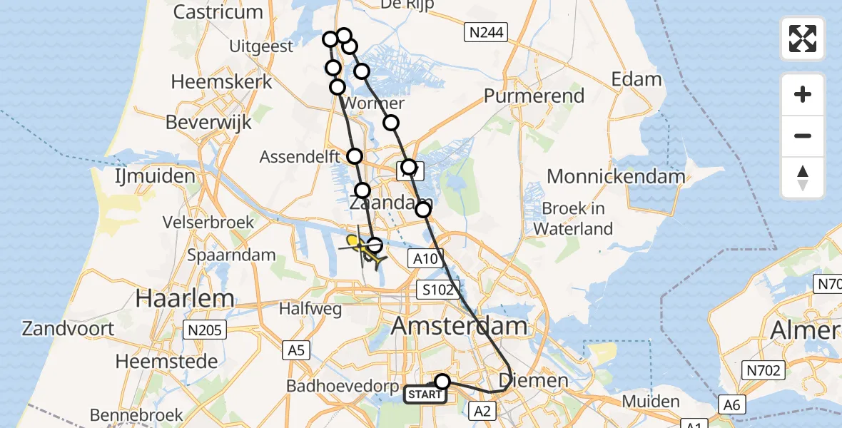 Routekaart van de vlucht: Lifeliner 1 naar Amsterdam Heliport