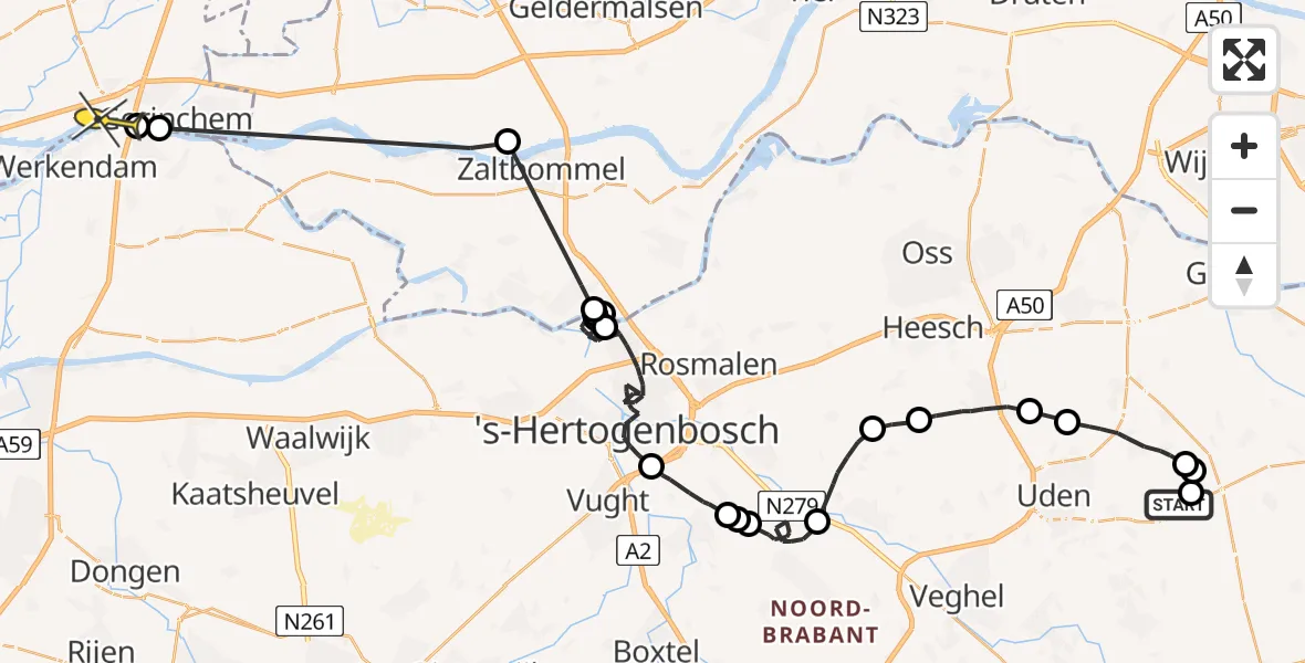 Routekaart van de vlucht: Politieheli naar Hardinxveld-Giessendam