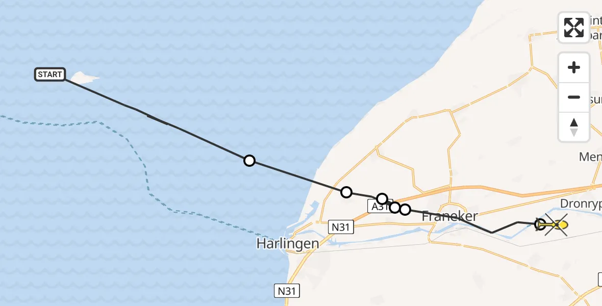 Routekaart van de vlucht: Ambulanceheli naar Dronryp