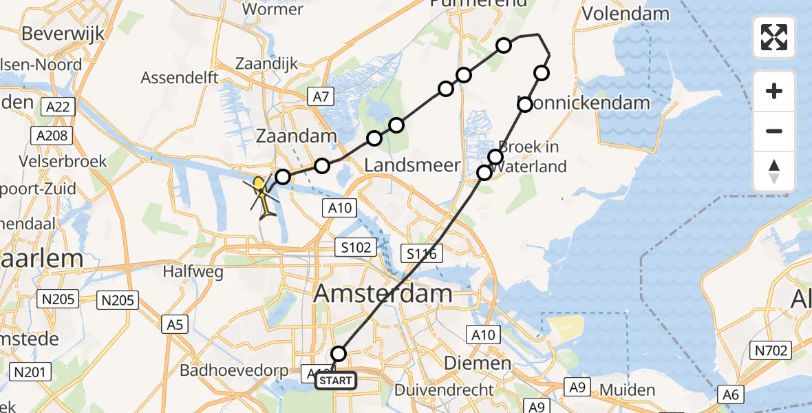 Routekaart van de vlucht: Lifeliner 1 naar Amsterdam Heliport