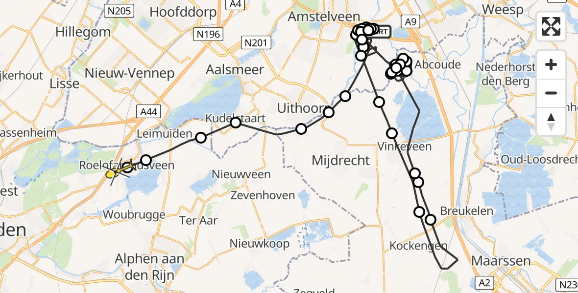 Routekaart van de vlucht: Politieheli naar Roelofarendsveen